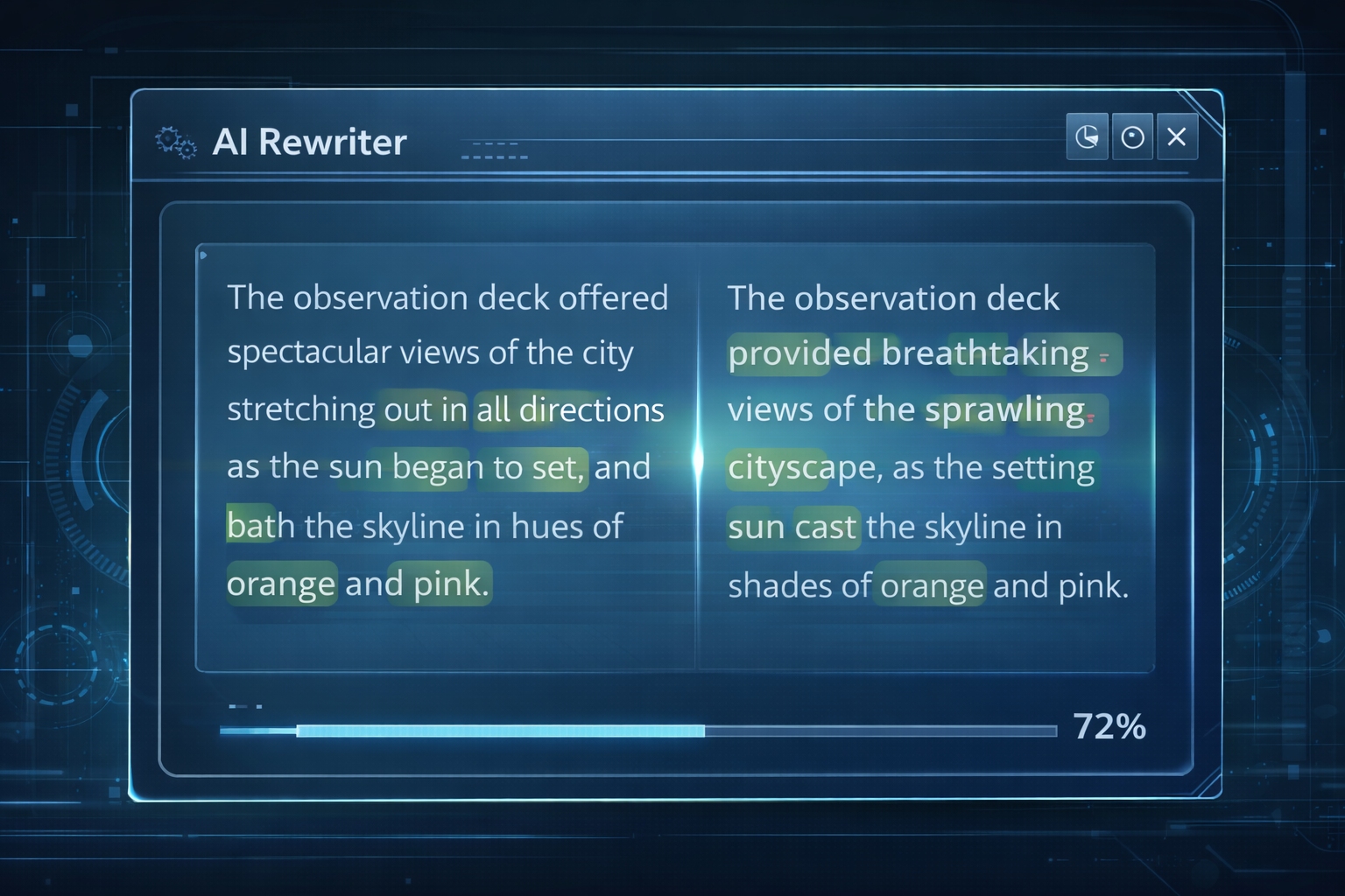 Futuristic digital interface showing AI rewriter tool transforming text in real-time with highlighted contextual improvements in clean high-tech aesthetic